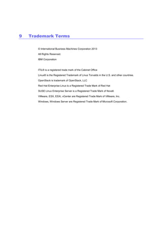 9

Trademark Terms
© International Business Machines Corporation 2013
All Rights Reserved.
IBM Corporation

ITIL® is a registered trade mark of the Cabinet Office
Linux® is the Registered Trademark of Linus Torvalds in the U.S. and other countries.
OpenStack is trademark of OpenStack, LLC
Red Hat Enterprise Linux is a Registered Trade Mark of Red Hat
SUSE Linux Enterprise Server is a Registered Trade Mark of Novell.
VMware, ESX, ESXi, vCenter are Registered Trade Mark of VMware, Inc.
Windows, Windows Server are Registered Trade Mark of Microsoft Corporation.

 