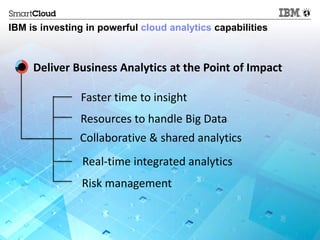 IBM is investing in powerful cloud analytics capabilities



     Deliver Business Analytics at the Point of Impact

               Faster time to insight
               Resources to handle Big Data
               Collaborative & shared analytics
                Real-time integrated analytics
                Risk management


                                                        © 2013 IBM Corporation
 