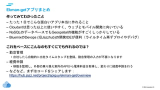 © IBM Corporation19
text
Ekman-getアプリまとめ
作ってみてわかったこと
– たった１日でこんな面白いアプリ本当に作れること
– Cloudantは思った以上に使いやすく、ウェブとモバイル開発に向いている
– NoSQLのデータベースでもGeospatialの機能がすごくしっかりしている
– BluemixのDevops (旧Jazzhub)の開発IDEが便利（ライルタイム再デプロイやデバグ）
これをベースにこんなのもすぐにでも作れるのでは？
– 勤怠管理
• 出社したら自動的に出社タイムスタンプを登録。勤怠管理の入力が不要になります
– 経費申請
• 移動を監視し、外部の乗り換え案内のAPIから電車料金を取得し、変わりに経費申請を行う
– などなど。まずはコードをシェアします：
https://hub.jazz.net/project/apiguy/ekman-get/overview
 