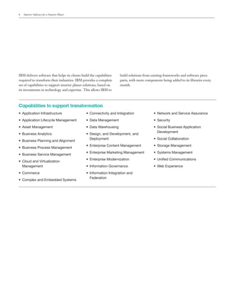 6   Smarter Software for a Smarter Planet




IBM delivers software that helps its clients build the capabilities   build solutions from existing frameworks and software piece
required to transform their industries. IBM provides a complete       parts, with more components being added to its libraries every
set of capabilities to support smarter planet solutions, based on     month.
its investments in technology and expertise. This allows IBM to



Capabilities to support transformation
•	 Application Infrastructure                   •	 Connectivity and Integration             •	 Network and Service Assurance
•	 Application Lifecycle Management             •	 Data Management                          •	 Security
•	 Asset Management                             •	 Data Warehousing                         •	 Social Business Application
                                                                                               Development
•	 Business Analytics                           •	 Design, and Development, and
                                                   Deployment                               •	 Social Collaboration
•	 Business Planning and Alignment
                                                •	 Enterprise Content Management            •	 Storage Management
•	 Business Process Management
                                                •	 Enterprise Marketing Management          •	 Systems Management
•	 Business Service Management
                                                •	 Enterprise Modernization                 •	 Unified Communications
•	 Cloud and Virtualization
   Management                                   •	 Information Governance                   •	 Web Experience
•	 Commerce                                     •	 Information Integration and
                                                   Federation
•	 Complex and Embedded Systems
 