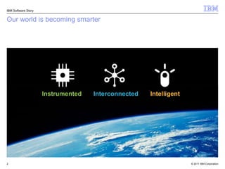 IBM Software Story


Our world is becoming smarter




                     Instrumented   Interconnected   Intelligent




2                                                                  © 2011 IBM Corporation
 