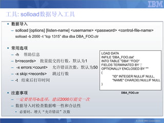 工具: solload数据导入工具
 数据导入
 – solload [options] [listen-name] <username> <password> <control-file-name>
   solload -b 2000 -t “tcp 1315” dba dba DBA_FOO.ctr


 常用选项
 – -h   帮助信息                                           LOAD DATA
                                                       INFILE 'DBA_FOO.dat'
 – b<records> 批量提交的行数，默认为1                             INTO TABLE "DBA"."FOO"
                                                       FIELDS TERMINATED BY ','
 – -x errors:<count>    允许错误次数，默认为50                   OPTIONALLY ENCLOSED BY "'"
 – -x skip:<records>    跳过行数                           (
                                                              "ID" INTEGER NULLIF NULL,
 – -t 结束后打印时间                                                 "NAME" CHAR(30) NULLIF NULL
                                                       )

 注意事项                                                            DBA_FOO.ctr

 – 一定要使用-b选项，建议2000行提交一次
 – 数据导入时检查数据唯一性和合法性
   • 必要时，增大“允许错误”次数

                                                                           © 2008 IBM Corporation
 