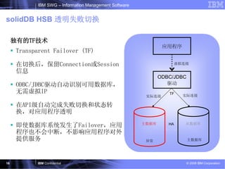 IBM SWG – Information Management Software


solidDB HSB 透明失败切换

     独有的TF技术
                                                                 应用程序
      Transparent Failover (TF)

      在切换后，保留Connection或Session                                      虚拟连接

      信息
                                                                ODBC/JDBC
      ODBC/JDBC驱动自动识别可用数据库，                                        驱动
      无需虚拟IP                                                       TF
                                                          实际连接          实际连接

      在API级自动完成失败切换和状态转
      换，对应用程序透明
                                                         主数据库           从数据库
      即使数据库系统发生了Failover，应用                                        HA

      程序也不会中断，不影响应用程序对外
      提供服务                                                异常                主数据库




16           IBM Confidential                                               © 2008 IBM Corporation
 