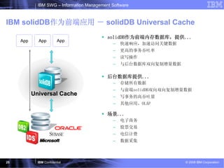 IBM SWG – Information Management Software



IBM solidDB作为前端应用 － solidDB Universal Cache
                                            solidDB作为前端内存数据库，提供...
     App     App          App
                                               –   快速响应，加速访问关键数据
                                               –   更高的事务吞吐率
                                               –   读写操作
                                               –   与后台数据库双向复制增量数据

                                            后台数据库提供...
                                               –   存储所有数据
                                               –   与前端solidDB双向双向复制增量数据
           Universal Cache                     –   写事务的高吞吐量
                                               –   其他应用、OLAP

                                            场景...
                                               –   电子商务
                                               –   股票交易
                                               –   电信计费
                                               –   数据采集



25           IBM Confidential                                        © 2008 IBM Corporation
 