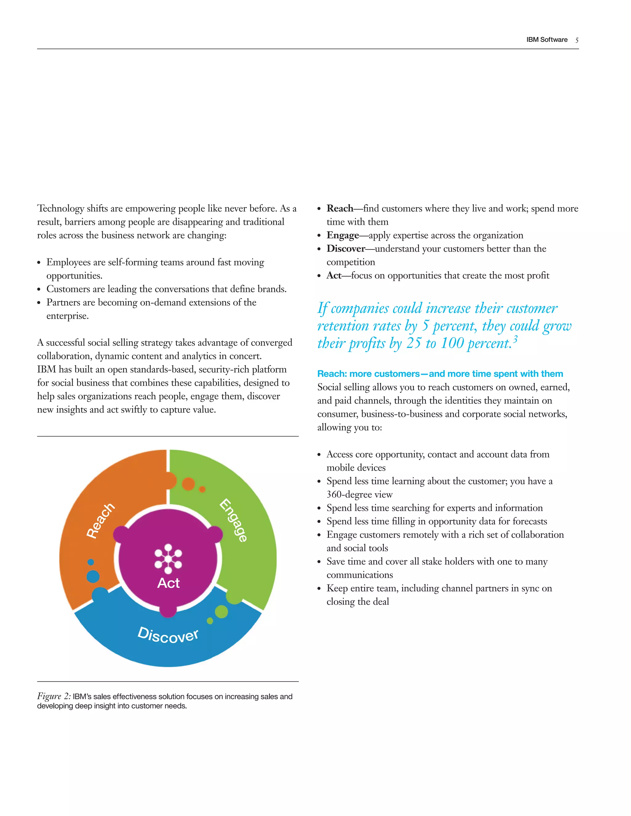 IBM Software   5




Technology shifts are empowering people like never before. As a                ●●   Reach&mdash;find customers where they live and work; spend more
result, barriers among people are disappearing and traditional                      time with them
roles across the business network are changing:                                ●●   Engage&mdash;apply expertise across the organization
                                                                               ●●   Discover&mdash;understand your customers better than the
●●   Employees are self-forming teams around fast moving                            competition
     opportunities.                                                            ●●   Act&mdash;focus on opportunities that create the most profit
●●   Customers are leading the conversations that define brands.
     Partners are becoming on-demand extensions of the
                                                                               If companies could increase their customer
●●


     enterprise.
                                                                               retention rates by 5 percent, they could grow
A successful social selling strategy takes advantage of converged              their profits by 25 to 100 percent.3
collaboration, dynamic content and analytics in concert.
IBM has built an open standards-based, security-rich platform                  Reach: more customers&mdash;and more time spent with them
for social business that combines these capabilities, designed to              Social selling allows you to reach customers on owned, earned,
help sales organizations reach people, engage them, discover                   and paid channels, through the identities they maintain on
new insights and act swiftly to capture value.                                 consumer, business-to-business and corporate social networks,
                                                                               allowing you to:

                                                                               ●●   Access core opportunity, contact and account data from
                                                                                    mobile devices
                                                                               ●●   Spend less time learning about the customer; you have a
                                                                                    360-degree view
                                                                                    Spend less time searching for experts and information
                                                     En




                                                                               ●●
                ch




                                                                                    Spend less time filling in opportunity data for forecasts
                                                       ga
             Rea




                                                                               ●●


                                                                                    Engage customers remotely with a rich set of collaboration
                                                         ge




                                                                               ●●


                                                                                    and social tools
                                                                               ●●   Save time and cover all stake holders with one to many
                                                                                    communications
                                   Act                                         ●●   Keep entire team, including channel partners in sync on
                                                                                    closing the deal


                             D is c ove r



Figure 2: IBM&rsquo;s sales effectiveness solution focuses on increasing sales and
developing deep insight into customer needs.
 