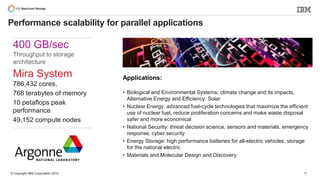 © Copyright IBM Corporation 2015
400 GB/sec
Throughput to storage
architecture
Mira System
786,432 cores,
768 terabytes of memory
10 petaflops peak
performance
49,152 compute nodes
Applications:
• Biological and Environmental Systems: climate change and its impacts,
Alternative Energy and Efficiency: Solar
• Nuclear Energy: advanced fuel-cycle technologies that maximize the efficient
use of nuclear fuel, reduce proliferation concerns and make waste disposal
safer and more economical
• National Security: threat decision science, sensors and materials, emergency
response, cyber security
• Energy Storage: high performance batteries for all-electric vehicles, storage
for the national electric
• Materials and Molecular Design and Discovery
Performance scalability for parallel applications
16
 
