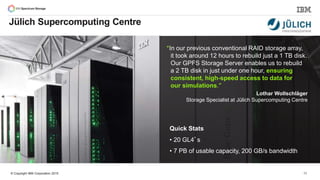 © Copyright IBM Corporation 2015
“In our previous conventional RAID storage array,
it took around 12 hours to rebuild just a 1 TB disk.
Our GPFS Storage Server enables us to rebuild
a 2 TB disk in just under one hour, ensuring
consistent, high-speed access to data for
our simulations.”
Lothar Wollschläger
Storage Specialist at Jülich Supercomputing Centre
Quick Stats
• 20 GL4’s
• 7 PB of usable capacity, 200 GB/s bandwidth
Jülich Supercomputing Centre
33
 