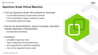 © Copyright IBM Corporation 2015
Spectrum Scale Virtual Machine
• Turn-key Spectrum Scale VM available for download
– Try the latest Spectrum Scale enhancements
– Full functionality on laptop, desktop or server
– Incorporate external storage
• Use for live demonstrations, proof of concepts, education,
validate application interoperability
– Scripted demonstrations
• Limitations
– VirtualBox hypervisor only
– Type-2 Hypervisor limits performance
– Not supported for production workloads
– Can not be migrated to bare metal
40
 