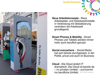 Neue Arbeitskonzepte  - Neue Arbeitsplatz- und Arbeitszeitmodelle in Verbindung mit Globalisierung verändern die Arbeitswelt grundlegend. Smart Phones & Mobility  - Smart Phones und Tablets werden immer mehr auch beruflich genutzt. Social everywhere  -  Social Media hat sich bereits durchgesetzt, in der Politik, privat und auch im Business Cloud  - Die Cloud ändert IT dramatisch. Die Cloud ist bereits da – im privaten Umfeld – und kommt ins berufliche Umfeld. 