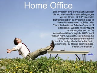 Home Office Das Problem sind denn auch weniger die technischen Rahmenbedingungen als die Chefs: 22,8 Prozent der Befragten geben zu Protokoll, dass in ihrem Unternehmen mobiles oder "Remote-basiertes Arbeiten" gar nicht erlaubt sei. Weitere 16,8 Prozent erklärten, das sei nur "in Ausnahmefällen" möglich, 28 Prozent wissen nicht, was geht. Nur eine kleine Minderheit von gerade einmal 9,4 Prozent "ermutigt alle Mitarbeiter darin, von unterwegs, zu Hause oder Remote-basiert zu arbeiten". via  cio.de   