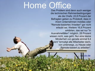 Home Office
               Das Problem sind denn auch weniger
               die technischen Rahmenbedingungen
                       als die Chefs: 22,8 Prozent der
               Befragten geben zu Protokoll, dass in
                    ihrem Unternehmen mobiles oder
               "Remote-basiertes Arbeiten" gar nicht
                     erlaubt sei. Weitere 16,8 Prozent
                              erklärten, das sei nur "in
               Ausnahmefällen" möglich, 28 Prozent
              wissen nicht, was geht. Nur eine kleine
                    Minderheit von gerade einmal 9,4
              Prozent "ermutigt alle Mitarbeiter darin,
                       von unterwegs, zu Hause oder
                          Remote-basiert zu arbeiten".
          •

                                             via cio.de




34                                               © 2012 IBM Corporation
 