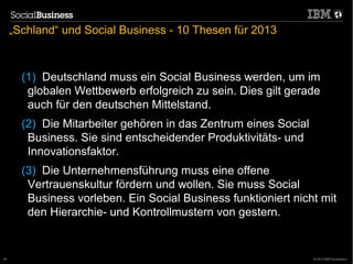 „Schland“ und Social Business - 10 Thesen für 2013



       (1) Deutschland muss ein Social Business werden, um im
        globalen Wettbewerb erfolgreich zu sein. Dies gilt gerade
        auch für den deutschen Mittelstand.
       (2) Die Mitarbeiter gehören in das Zentrum eines Social
        Business. Sie sind entscheidender Produktivitäts- und
        Innovationsfaktor.
       (3) Die Unternehmensführung muss eine offene
        Vertrauenskultur fördern und wollen. Sie muss Social
        Business vorleben. Ein Social Business funktioniert nicht mit
        den Hierarchie- und Kontrollmustern von gestern.


54                                                               © 2012 IBM Corporation
 