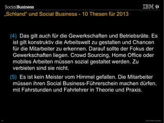 „Schland“ und Social Business - 10 Thesen für 2013



       (4) Das gilt auch für die Gewerkschaften und Betriebsräte. Es
        ist gilt konstruktiv die Arbeitswelt zu gestalten und Chancen
        für die Mitarbeiter zu erkennen. Darauf sollte der Fokus der
        Gewerkschaften liegen. Crowd Sourcing, Home Office oder
        mobiles Arbeiten müssen sozial gestaltet werden. Zu
        verbieten sind sie nicht.
       (5) Es ist kein Meister vom Himmel gefallen. Die Mitarbeiter
        müssen ihren Social Business-Führerschein machen dürfen,
        mit Fahrstunden und Fahrlehrer in Theorie und Praxis.




55                                                              © 2012 IBM Corporation
 
