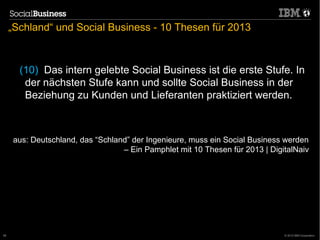 „Schland“ und Social Business - 10 Thesen für 2013



       (10) Das intern gelebte Social Business ist die erste Stufe. In
        der nächsten Stufe kann und sollte Social Business in der
        Beziehung zu Kunden und Lieferanten praktiziert werden.



      aus: Deutschland, das “Schland” der Ingenieure, muss ein Social Business werden
                                   – Ein Pamphlet mit 10 Thesen für 2013 | DigitalNaiv




58                                                                             © 2012 IBM Corporation
 