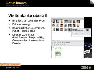 Visitenkarte überall Einstieg zum „sozialen Profil“ Präsenzanzeige Kommunikationsinformation (Chat, Telefon etc.) Direkter Zugriff auf deren/dessen Blogs, Wikis, Communities, Lesezeichen, Dateien ... 
