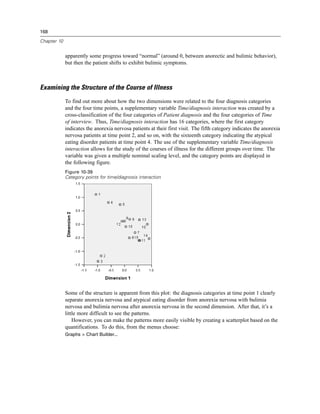 168
Chapter 10
apparently some progress toward “normal” (around 0, between anorectic and bulimic behavior),
but then the patient shifts to exhibit bulimic symptoms.
Examining the Structure of the Course of Illness
To find out more about how the two dimensions were related to the four diagnosis categories
and the four time points, a supplementary variable Time/diagnosis interaction was created by a
cross-classification of the four categories of Patient diagnosis and the four categories of Time
of interview. Thus, Time/diagnosis interaction has 16 categories, where the first category
indicates the anorexia nervosa patients at their first visit. The fifth category indicates the anorexia
nervosa patients at time point 2, and so on, with the sixteenth category indicating the atypical
eating disorder patients at time point 4. The use of the supplementary variable Time/diagnosis
interaction allows for the study of the courses of illness for the different groups over time. The
variable was given a multiple nominal scaling level, and the category points are displayed in
the following figure.
Figure 10-39
Category points for time/diagnosis interaction
Some of the structure is apparent from this plot: the diagnosis categories at time point 1 clearly
separate anorexia nervosa and atypical eating disorder from anorexia nervosa with bulimia
nervosa and bulimia nervosa after anorexia nervosa in the second dimension. After that, it’s a
little more difficult to see the patterns.
However, you can make the patterns more easily visible by creating a scatterplot based on the
quantifications. To do this, from the menus choose:
Graphs > Chart Builder...
 