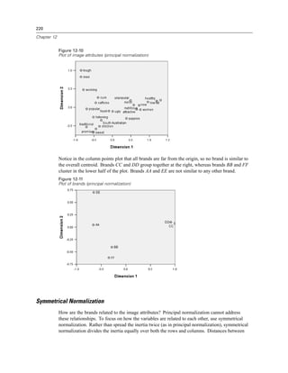 220
Chapter 12
Figure 12-10
Plot of image attributes (principal normalization)
Notice in the column points plot that all brands are far from the origin, so no brand is similar to
the overall centroid. Brands CC and DD group together at the right, whereas brands BB and FF
cluster in the lower half of the plot. Brands AA and EE are not similar to any other brand.
Figure 12-11
Plot of brands (principal normalization)
Symmetrical Normalization
How are the brands related to the image attributes? Principal normalization cannot address
these relationships. To focus on how the variables are related to each other, use symmetrical
normalization. Rather than spread the inertia twice (as in principal normalization), symmetrical
normalization divides the inertia equally over both the rows and columns. Distances between
 