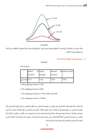 ‫برنامج‬ ‫باستخدام‬ ‫لالستبيانات‬ ‫اإلحصائي‬ ‫التحليل‬
IBM SPSS Statistics
31
( ‫الاكل‬
19
)
‫لك‬ ‫ل‬ ‫بينها‬‫انمتالنات‬‫لتفصيل‬‫ماصا‬ ‫ا‬ ‫بح‬‫راحتاج‬‫النتايج‬ ‫لنفا‬‫زسعا‬‫رجمييإا‬‫التفلتح‬‫احسد‬‫القب‬ ‫اخياانت‬‫من‬‫د‬ ‫اليد‬ ‫هناا‬
‫الكتاةر‬ ‫ا‬ ‫ه‬ ‫ا‬ ‫لإا‬ ‫ق‬‫نتتر‬ ‫لن‬
3
-
‫امل‬ ‫ل‬‫جدو‬
‫املثقلة‬‫توسطات‬
M-estimator
:
( ‫ل‬‫الجدو‬
9
)
M-Estimators
Huber’s M-
Estimatora
Tukey’s
Biweightb
Hampel’s M-
Estimatorc
Andrews’Waved
‫عالمة‬
‫الفي‬ 73.77 73.63 72.84 73.64
a. Theweightingconstant is1.339.
b. The weightingconstant is4.685.
c.Theweighting constants are 1.700, 3.400, and 8.500
d. The weightingconstant is1.340*pi.
‫ام‬ ‫اححسابيي‬ ‫سط‬ ‫اخت‬ ‫عن‬ ‫ت‬ ‫مت‬ ‫ل‬ ‫بد‬ ‫ها‬ ‫اخيدلة‬ ‫ستات‬ ‫اخت‬
ً
‫سابرا‬ ‫ذكرنا‬ ‫كما‬
‫ابتكاته‬
‫ا‬ ‫ع‬ ‫الااذ‬ ‫الريم‬ ‫ر‬ ‫اأث‬ ‫من‬ ‫للتخلف‬
‫امة‬
‫اححا‬ ‫تيت‬ ‫بحيث‬ ‫للحانت‬ ‫أرزا‬ ‫رم‬ ‫طرال‬ ‫عن‬ ‫اححسابي‬ ‫سط‬ ‫اخت‬
‫رز‬ ‫عنه‬ ‫ييد‬ ‫ال‬ ‫راححانت‬ ‫ا‬ ‫عا‬ ‫رز‬ ‫اخركز‬ ‫من‬ ‫ة‬ ‫الررا‬ ‫نت‬
‫بأنها‬ ‫نالحظ‬ ‫أ‬ ‫رامكن‬ ‫ي‬ ‫األرزا‬ ‫حساة‬ ‫بترارة‬ ‫بينها‬ ‫نيما‬ ‫اختلف‬ ‫ل‬‫احجدر‬ ‫ا‬ ‫رلة‬ ‫م‬ ‫ستات‬ ‫مت‬ ‫بية‬‫ت‬‫أ‬ ‫هناا‬ ‫بأ‬ ‫رنالحظ‬ ‫منخفضي‬
‫ا‬ ‫اعت‬ ‫مكن‬ ‫ياناتر‬ ‫ال‬ ‫ا‬ ‫شاذ‬ ‫ميم‬ ‫ا‬ ‫رج‬ ‫بسبد‬ ‫رذلك‬
ً
‫ا‬‫ر‬ ‫ك‬
ً
‫امتالنا‬ ‫اححسابي‬ ‫سط‬ ‫اخت‬ ‫عن‬ ‫اختلف‬
‫اخيدل‬ ‫ستات‬ ‫اخت‬ ‫ت‬
‫من‬ ‫أاق‬ ‫ة‬
‫ياناتر‬ ‫ال‬ ‫ا‬ ‫شاذ‬ ‫ميم‬‫ا‬ ‫رج‬‫حال‬ ‫ا‬ ‫رماصة‬‫اححسابي‬ ‫سط‬ ‫اخت‬
 
