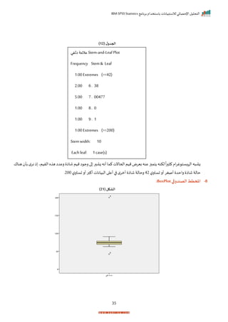 ‫برنامج‬ ‫باستخدام‬ ‫لالستبيانات‬ ‫اإلحصائي‬ ‫التحليل‬
IBM SPSS Statistics
35
( ‫ل‬‫الجدو‬
12
)
‫هناا‬ ‫بأ‬ ‫م‬‫نر‬ ‫ذ‬ ‫الريمي‬ ‫ه‬ ‫ه‬ ‫رعدا‬ ‫شاذ‬ ‫ميم‬ ‫ا‬ ‫رج‬ ‫ا‬ ‫ر‬ ‫زا‬ ‫أنه‬ ‫كما‬ ‫اححانت‬ ‫ميم‬‫بيرض‬ ‫عنه‬‫ز‬ ‫تم‬ ‫لكنه‬
ً
‫ا‬‫ر‬ ‫ك‬ ‫ام‬‫ر‬‫غ‬ ‫ست‬ ‫الإ‬ ‫ه‬ ‫زا‬
‫راحد‬ ‫شاذ‬ ‫حالة‬
‫ت‬‫أر‬ ‫أصغر‬
‫ل‬‫سار‬
42
‫ل‬‫تسار‬ ‫أر‬‫أكبر‬‫يانات‬ ‫ال‬ ‫ا‬ ‫أع‬ ‫ا‬ ‫م‬‫أمر‬ ‫شاذ‬ ‫رحالة‬
200
‫ر‬
8
-
‫الصندوقي‬‫املخطط‬
BoxPlot
:
( ‫الشكل‬
21
)
‫عالمة‬
‫الفي‬ Stem-and-LeafPlot
Frequency Stem & Leaf
1.00Extremes (=<42)
2.00 6. 38
5.00 7. 00477
1.00 8. 0
1.00 9. 1
1.00Extremes (>=200)
Stemwidth: 10
Each leaf: 1 case(s)
 