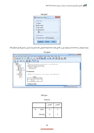 ‫برنامج‬ ‫باستخدام‬ ‫لالستبيانات‬ ‫اإلحصائي‬ ‫التحليل‬
IBM SPSS Statistics
46
( ‫الشكل‬
30
)
‫ت‬‫ز‬ ‫نضغط‬ ‫بيدها‬
Continue
‫ت‬‫ز‬ ‫ا‬ ‫ع‬ ‫نضغط‬‫ثم‬
Ok
‫ا‬
‫نان‬
Frequencies
‫ن‬
‫تظإر‬
‫املمرجات‬ ‫نان‬
(‫الاكل‬‫ا‬ ‫كما‬‫النتايج‬ ‫ليرض‬
10
:)
‫الشكل‬
(
31
)
( ‫ل‬‫جدو‬
16
)
Statistics
‫احجنا‬ ‫ر‬ ‫الترد‬
N Valid 6 5
Missing 0 1
 