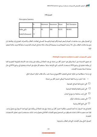 ‫برنامج‬ ‫باستخدام‬ ‫لالستبيانات‬ ‫اإلحصائي‬ ‫التحليل‬
IBM SPSS Statistics
51
( ‫ل‬‫الجدو‬
19
)
Descriptive Statistics
N Minimum Maximum Mean Std.Deviation
‫عالمة‬‫الفي‬ 11 42 200 82.91 40.693
ValidN (listwise) 11
‫رانن‬ ‫التالة‬ ‫ليالمات‬ ‫اححسابي‬ ‫سط‬ ‫راخت‬ ‫ميمة‬ ‫رأكبر‬ ‫ميمة‬ ‫رأصغر‬ ‫اليينة‬ ‫مااهدات‬ ‫عدا‬ ‫ظإر‬ ‫ل‬‫احجدر‬ ‫ا‬
‫ب‬ ‫رنالحظ‬ ‫لإاي‬ ‫ل‬‫اخييات‬ ‫ام‬‫ر‬‫ح‬
‫أ‬
‫اتجارز‬‫عالمة‬‫جد‬ ‫ا‬‫نال‬
ً
‫سابرا‬‫رجدنا‬‫كما‬‫يانات‬ ‫ال‬‫ا‬ ‫شاذ‬‫حالة‬‫هناا‬ ‫أل‬‫صحيحة‬‫ست‬ ‫ل‬‫يجة‬ ‫الن‬‫ه‬ ‫ه‬ ‫أ‬‫ن‬ ‫ي‬ ٍ
‫عال‬‫التالة‬‫عالمات‬‫سط‬ ‫مت‬
‫اخئةر‬
‫املتعددة‬ ‫االستجابات‬‫تحليل‬
Multipleresponse analysis
:
‫ها‬ ‫ن‬ ‫مكن‬ ‫أسئلة‬ ‫ا‬ ‫ع‬ ‫انة‬ ‫انس‬ ‫ل‬ ‫اح‬ ‫مد‬
‫كما‬ ‫ة‬ ‫الترليد‬ ‫بالترارة‬ ‫األسئلة‬ ‫ه‬ ‫ه‬ ‫بيانات‬ ‫ئ‬ ‫م‬ ‫مكننا‬ ‫لن‬ ‫اححالة‬ ‫ه‬ ‫ه‬ ‫ا‬ ‫جابةي‬ ‫من‬ ‫ر‬ ‫أك‬ ‫امتيات‬
‫برنامج‬ ‫ا‬ ‫احليلإا‬ ‫مكننا‬ ‫لن‬
SPSS
‫برنامج‬ ‫ا‬ ‫راحليلإا‬ ‫يانات‬ ‫ال‬ ‫ئ‬ ‫م‬ ‫ق‬‫طر‬ ‫اآل‬ ‫سنتيلم‬ ‫ر‬
ً
‫سابرا‬ ‫ناها‬‫ر‬‫ذك‬ ‫القب‬ ‫األساليد‬ ‫باستخدام‬
SPSS
‫حال‬ ‫ا‬
‫اإلجاباتر‬ ‫متيدا‬ ‫أسئلة‬ ‫صااننا‬
‫ا‬
:‫ا‬ ‫التا‬‫الساال‬‫اخركز‬‫طالة‬ ‫سألنا‬ ‫حلد‬ ‫نة‬ ‫مد‬ ‫ا‬ ‫يب‬ ‫اا‬ ‫األ‬ ‫للتيار‬ ‫الياباني‬‫اخركز‬ ‫عن‬ ‫استتالعية‬ ‫اسة‬‫ت‬‫ا‬
-
‫اليابانية‬ ‫اللغة‬‫اسة‬‫ت‬‫ا‬ ‫امترت‬ ‫خاذا‬
( ‫؟‬
)‫جابة‬ ‫من‬‫ر‬ ‫أك‬‫امتيات‬‫مكن‬
‫احجامية‬ ‫ا‬ ‫ثانية‬‫لغة‬‫امترتها‬ ‫ألني‬
‫ر‬
‫اليابانية‬ ‫رانة‬ ‫رال‬‫باللغة‬ ‫أهتم‬ ‫ألني‬
‫ر‬
‫اليابا‬ ‫ا‬ ‫اسقب‬‫ت‬‫ا‬ ‫بمتابية‬ ‫أتغد‬‫ألني‬
‫ر‬
‫اخركزر‬‫بنااطات‬‫معجد‬ ‫ألني‬
‫ابانيةر‬ ‫أنالم‬ ‫أااب‬‫ألني‬
‫را‬ ‫ل‬ ‫متح‬ ‫ا‬ ‫الساال‬‫ا‬ ‫ه‬ ‫بة‬ ‫أج‬‫ئ‬ ‫م‬ ‫مكننا‬ ‫لن‬ ‫اححالة‬‫ه‬ ‫ه‬ ‫ا‬ ‫ر‬ ‫جابةي‬ ‫من‬ ‫ر‬ ‫أك‬ ‫امتيات‬ ‫مكانية‬ ‫للمجيد‬‫أاحنا‬‫أننا‬‫الساال‬ ‫ا‬ ‫ه‬ ‫ا‬ ‫نالحظ‬
‫ح‬
‫دي‬
‫ثال‬‫ما‬‫مجيد‬‫حدا‬‫نإذا‬
‫انستجابات‬‫احليل‬‫ة‬ ‫أسل‬‫سنستخدم‬‫لك‬ ‫ل‬‫راحدي‬‫ل‬ ‫متح‬‫ا‬ ‫الثة‬ ‫ال‬‫اإلجابات‬ ‫رم‬‫اخستحيل‬‫من‬ ‫نسيك‬‫جابات‬ ‫ث‬
‫ر‬ ‫اختيدا‬
:‫بامتياتها‬ ‫التالة‬ ‫مام‬‫القب‬‫اإلجابات‬‫ل‬ ‫م‬ ‫ا‬ ‫التا‬ ‫ل‬‫احجدر‬
 