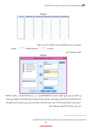 ‫برنامج‬ ‫باستخدام‬ ‫لالستبيانات‬ ‫اإلحصائي‬ ‫التحليل‬
IBM SPSS Statistics
56
( ‫الشكل‬
38
)
‫ل‬‫جدار‬ ‫ا‬ ‫ع‬ ‫ل‬ ‫للحص‬
‫ا‬ ‫التا‬‫اخسات‬ ‫نأم‬‫اإلجابات‬ ‫متيدا‬ ‫لألسئلة‬ ‫التراط‬
2
:
Analyze Multiple Response Crosstabs
:‫ا‬ ‫التا‬ ‫ات‬ ‫احح‬ ‫مرب‬‫نيظإر‬
( ‫الشكل‬
39
)
‫اختيدا‬ ‫اإلجابات‬ ‫ل‬ ‫متح‬ ‫بنرل‬ ‫ممنا‬ ‫الاكل‬ ‫ا‬
$StudyResean
‫الرايمة‬ ‫من‬ "‫اليابانية‬ ‫للغة‬ ‫استك‬‫ت‬‫ا‬ ‫"سبد‬ ‫لساال‬
Multiple
ResponseSet
‫الرايمة‬‫ا‬
Row(s)
‫احجنا‬‫ل‬ ‫رمتح‬‫ي‬
Gender
‫الرايمة‬‫ا‬ ‫نت‬ ‫اختح‬‫مايمة‬‫من‬
Column(s)
‫عالمات‬‫ا‬ ‫رج‬‫رنالحظ‬‫ي‬
‫احجنا‬ ‫ل‬ ‫متح‬ ‫بجاند‬ ‫استفإام‬
Gender
‫ذلك‬ ‫رألجل‬ ‫اسةي‬‫ت‬‫الد‬ ‫ا‬ ‫امالإا‬ ‫تم‬ ‫س‬ ‫القب‬ ‫احجنا‬ ‫ل‬ ‫متح‬ ‫لفئات‬ ‫مجال‬ ‫د‬ ‫احد‬ ‫جد‬ ‫ذ‬
‫ت‬‫ز‬‫ا‬ ‫ع‬ ‫ننرر‬
Define Ranges
‫نيظإر‬
:‫ا‬ ‫التا‬ ‫ات‬ ‫احح‬ ‫مرب‬
2
‫األسئلة‬ ‫نرر‬ ‫ة‬ ‫بدا‬ ‫ا‬ ‫شرحناه‬‫ل‬ ‫ال‬ ‫اختيدا‬ ‫اإلجابات‬ ‫ل‬ ‫متح‬ ‫تيراف‬ ‫بيد‬ ‫يا‬ ‫ط‬ ‫رذلك‬
‫انستجاباتر‬ ‫متيدا‬
 