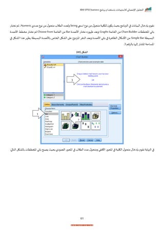 ‫برنامج‬ ‫باستخدام‬ ‫لالستبيانات‬ ‫اإلحصائي‬ ‫التحليل‬
IBM SPSS Statistics
61
‫اسيب‬‫ع‬ ‫ن‬‫من‬‫ل‬ ‫متح‬‫للكلية‬ ‫ك‬ ‫بحيث‬‫البرنامج‬‫ا‬ ‫يانات‬ ‫ال‬‫بإامال‬‫م‬ ‫نر‬
String
‫عدال‬‫ع‬ ‫ن‬‫من‬‫ل‬ ‫متح‬‫التالة‬‫رليدا‬
Numeric
‫نختات‬‫ثم‬‫ي‬
‫املمتتات‬ ‫باني‬
Chart Builder
‫الرايمة‬ ‫من‬
Graphs
‫األعمد‬ ‫نختات‬ ‫ته‬ ‫ظإ‬ ‫ربيد‬
Bar
‫الرايمة‬ ‫من‬
Choose from
‫األعمد‬ ‫مختط‬ ‫نختات‬ ‫ثم‬
‫البسيتة‬
Simple Bar
‫ا‬ ‫الاكل‬ ‫ا‬ ‫ه‬ ‫ظإر‬ ‫البسيتة‬ ‫باألعمد‬ ‫احماص‬ ‫الاكل‬ ‫ا‬ ‫ع‬ ‫اخزارج‬ ‫النرر‬ ‫ربيد‬ ‫األعمد‬ ‫باني‬ ‫ا‬ ‫الظاهر‬ ‫األشكال‬ ‫من‬
‫بالرمم‬‫ها‬ ‫ل‬ ‫اخاات‬‫اخساحة‬
3
‫ر‬
( ‫الشكل‬
43
)
‫الكل‬‫ل‬ ‫متح‬ ‫بإامال‬ ‫م‬ ‫نر‬ ‫ة‬ ‫النها‬ ‫ا‬
:‫ا‬ ‫التا‬ ‫بالاكل‬ ‫املمتتات‬‫باني‬ ‫ح‬ ‫ص‬ ‫بحيث‬ ‫ال‬ ‫اليم‬‫ت‬ ‫املح‬ ‫ا‬ ‫التالة‬ ‫عدا‬‫ل‬ ‫رمتح‬ ‫األنري‬ ‫ت‬ ‫املح‬‫ا‬ ‫ية‬
1
1 2
3
 