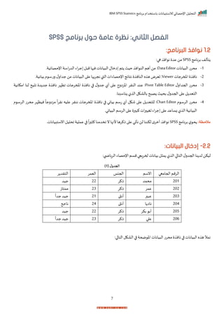 ‫برنامج‬ ‫باستخدام‬ ‫لالستبيانات‬ ‫اإلحصائي‬ ‫التحليل‬
IBM SPSS Statistics
7
:‫الثاني‬ ‫الفصل‬
‫حول‬ ‫عامة‬ ‫نظرة‬
‫برنامج‬
SPSS
1.2
‫نوافذ‬
:‫البرنامج‬
‫برنامج‬ ‫تألف‬
SPSS
:‫ها‬ ‫ان‬ ‫ن‬ ‫عد‬ ‫من‬
1
-
‫يانات‬ ‫ال‬ ‫محرت‬
Data Editor
‫اإلحصاييةر‬‫اسة‬‫ت‬‫الد‬ ‫اء‬‫ر‬‫ج‬ ‫ل‬ ‫م‬‫ها‬ ‫ن‬‫يانات‬ ‫ال‬ ‫امال‬ ‫تم‬ ‫حيث‬ ‫ان‬ ‫الن‬‫أهم‬ ‫من‬ :
2
-
‫املمرجات‬ ‫نان‬
Viewer
‫ل‬‫جدار‬ ‫من‬ ‫يانات‬ ‫ال‬ ‫ا‬ ‫ع‬‫نجريها‬ ‫القب‬‫اإلحصاءات‬‫نتايج‬ ‫النان‬‫ه‬ ‫ه‬ ‫تيرض‬ :
‫بيانيةر‬ ‫م‬ ‫رتس‬
3
-
‫ل‬‫احجدار‬ ‫محرت‬
Pivot Table Editor
‫امكانية‬ ‫لنا‬ ‫يح‬ ‫ا‬ ‫د‬ ‫جد‬ ‫نان‬ ‫اظإر‬ ‫املمرجات‬ ‫نان‬ ‫ا‬ ‫ل‬‫جدر‬ ‫أل‬ ‫ا‬ ‫ع‬ ‫اخزارج‬ ‫النرر‬ ‫عند‬ :
‫ناسبنار‬ ‫ل‬ ‫ال‬ ‫بالاكل‬ ‫ح‬ ‫ص‬ ‫بحيث‬ ‫ل‬‫احجدر‬‫ا‬ ‫ع‬ ‫ل‬ ‫التيد‬
4
-
‫م‬ ‫الرس‬ ‫محرت‬
Chart Editor
‫ننر‬ ‫املمرجات‬ ‫نان‬ ‫ا‬ ‫بياني‬ ‫تسم‬ ‫أل‬ ‫شكل‬ ‫ا‬ ‫ع‬ ‫ل‬ ‫للتيد‬ :
‫م‬ ‫الرس‬ ‫محرت‬ ‫نيظإر‬
ً
‫مزارجا‬
ً
‫ا‬‫ر‬‫نر‬ ‫عليه‬ ‫ر‬
‫يانير‬ ‫ال‬ ‫الرسم‬‫ا‬ ‫ع‬ ‫ر‬ ‫ك‬‫ات‬‫ر‬ ‫تغي‬‫اء‬‫ر‬‫ج‬ ‫ا‬ ‫ع‬ ‫زساعد‬‫ل‬ ‫ال‬‫يانية‬ ‫ال‬
:‫مالحظة‬
‫برنامج‬ ‫ل‬ ‫ح‬
SPSS
‫انستبياناتر‬‫احليل‬ ‫عملية‬ ‫ا‬
ً
‫ا‬‫ر‬ ‫ك‬‫اخدمنا‬ ‫ن‬‫ألنها‬ ‫ذكرها‬ ‫ا‬ ‫ع‬ ‫نأتي‬ ‫لن‬ ‫لكننا‬ ‫م‬‫أمر‬ ‫ان‬ ‫ن‬
2.2
-
:‫البيانات‬ ‫إدخال‬
‫الت‬‫ل‬‫احجدر‬ ‫نا‬ ‫لد‬ ‫ليكن‬
‫ل‬ ‫م‬ ‫ل‬ ‫ال‬ ‫ا‬ ‫ا‬
:‫ب‬ ‫الرااض‬ ‫اإلحصاء‬‫مسم‬‫حمراجا‬ ‫بيانات‬
( ‫ل‬‫الجدو‬
1
)
‫احجامعا‬‫الرمم‬
‫انسم‬
‫احجنا‬
‫اليمر‬
‫ر‬ ‫الترد‬
201
‫محمد‬
‫ذكر‬
22
‫جيد‬
202
‫عمر‬
‫ذكر‬
23
‫ممتاز‬
203
‫ر‬ ‫ع‬
‫أنثى‬
21
ً
‫جدا‬ ‫جيد‬
204
‫ا‬ ‫ناا‬
‫أنثى‬
24
‫ناجح‬
205
‫بكر‬ ‫أب‬
‫ذكر‬
22
‫جيد‬
206
‫ا‬ ‫ع‬
‫ذكر‬
23
ً
‫جدا‬ ‫جيد‬
‫نمأل‬
‫ال‬ ‫ه‬ ‫ه‬
‫يانات‬
‫ا‬ ‫التا‬ ‫الاكل‬‫ا‬ ‫ضحة‬ ‫اخ‬ ‫يانات‬ ‫ال‬ ‫محرت‬ ‫نان‬ ‫ا‬
:
 