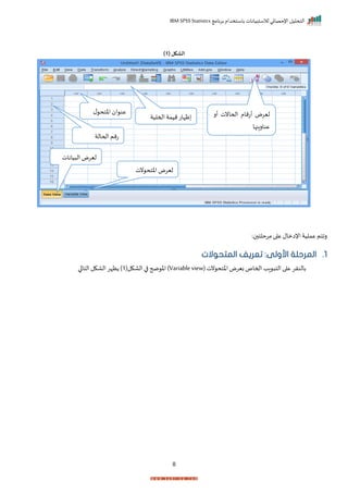 ‫برنامج‬ ‫باستخدام‬ ‫لالستبيانات‬ ‫اإلحصائي‬ ‫التحليل‬
IBM SPSS Statistics
8
( ‫الشكل‬
1
)
: ‫مرحلت‬‫ا‬ ‫ع‬ ‫اإلامال‬‫عملية‬ ‫راتم‬
1
.
‫المتحوالت‬ ‫تعريف‬ :‫األولى‬ ‫المرحلة‬
‫ا‬ ‫ع‬ ‫بالنرر‬
‫اد‬ ‫الت‬
‫احماص‬
‫ب‬
(‫نت‬ ‫اختح‬ ‫يرض‬
Variable view
(‫الاكل‬ ‫ا‬ ‫ضح‬ ‫اخ‬ )
1
‫ظإر‬ )
‫ا‬ ‫التا‬ ‫الاكل‬
‫لي‬
‫يانات‬ ‫ال‬ ‫رض‬
‫لي‬
‫رض‬
‫نت‬ ‫اختح‬
‫ليرض‬
‫أتمام‬
‫أر‬ ‫اححانت‬
‫عنارانها‬
‫احملية‬‫ميمة‬‫ظإات‬
‫ل‬ ‫اختح‬ ‫ا‬ ‫عن‬
‫اححالة‬‫تمم‬
 