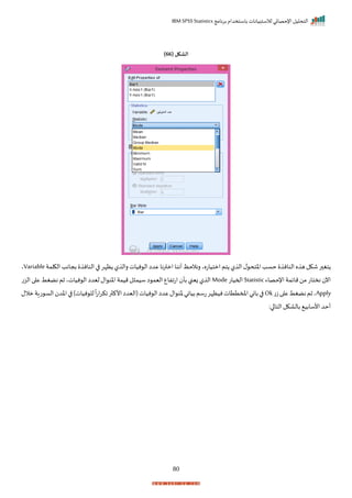 ‫برنامج‬ ‫باستخدام‬ ‫لالستبيانات‬ ‫اإلحصائي‬ ‫التحليل‬
IBM SPSS Statistics
80
( ‫الشكل‬
66
)
‫الكلمة‬‫بجاند‬ ‫النان‬‫ا‬ ‫ظإر‬ ‫ل‬ ‫رال‬‫نيات‬ ‫ال‬‫عدا‬‫امترنا‬‫أننا‬‫رنالحظ‬‫امتياتهي‬‫تم‬ ‫ل‬ ‫ال‬‫ل‬ ‫اختح‬‫حسد‬ ‫النان‬‫ه‬ ‫ه‬‫شكل‬‫ر‬ ‫تغ‬
Variable
‫ي‬
‫اإلحصاء‬‫مايمة‬‫من‬‫نختات‬ ‫اآل‬
Statistic
‫احميات‬
Mode
‫الزت‬ ‫ا‬ ‫ع‬ ‫نضغط‬ ‫ثم‬ ‫نياتي‬ ‫ال‬ ‫ليدا‬ ‫ال‬ ‫اخن‬‫ميمة‬‫ل‬ ‫سيم‬ ‫ا‬ ‫اليم‬‫اتافاع‬ ‫بأ‬‫زينب‬ ‫ل‬ ‫ال‬
Apply
‫ت‬‫ز‬‫ا‬ ‫ع‬‫نضغط‬‫ثم‬‫ي‬
Ok
‫مالل‬‫تاة‬ ‫الس‬ ‫اخد‬‫ا‬ )‫نيات‬ ‫لل‬
ً
‫ا‬‫ت‬‫ا‬‫ر‬‫اك‬‫ر‬ ‫األك‬‫(اليدا‬‫نيات‬ ‫ال‬‫عدا‬‫ال‬ ‫خن‬‫بياني‬‫تسم‬‫نيظإر‬‫املمتتات‬‫باني‬‫ا‬
:‫ا‬ ‫التا‬‫بالاكل‬ ‫األسابي‬‫أحد‬
 