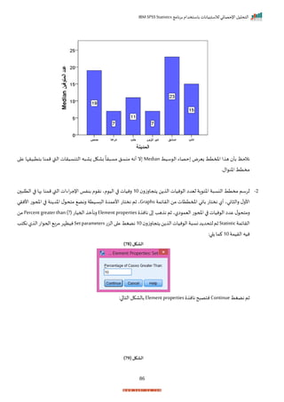 ‫برنامج‬ ‫باستخدام‬ ‫لالستبيانات‬ ‫اإلحصائي‬ ‫التحليل‬
IBM SPSS Statistics
86
‫سيط‬ ‫ال‬ ‫حصاء‬ ‫زيرض‬ ‫املمتط‬ ‫ا‬ ‫ه‬ ‫بأ‬ ‫نالحظ‬
Median
‫ا‬ ‫ع‬ ‫يرإا‬ ‫بتت‬ ‫ممنا‬ ‫القب‬ ‫التنسيرات‬ ‫ه‬ ‫زا‬ ‫باكل‬
ً
‫را‬ ‫مس‬ ‫منسل‬ ‫أنه‬ ‫ن‬
‫الر‬ ‫اخن‬ ‫مختط‬
2
-
‫ال‬ ‫نيات‬ ‫ال‬ ‫ليدا‬ ‫اة‬ ‫اخئ‬ ‫ة‬ ‫النس‬ ‫مختط‬ ‫لرسم‬
‫تجارزر‬ ‫ن‬
10
‫التل‬ ‫ا‬ ‫بها‬ ‫ممنا‬ ‫القب‬ ‫اءات‬‫ر‬‫اإلج‬ ‫بنفا‬ ‫م‬ ‫نر‬ ‫مي‬ ‫الي‬ ‫ا‬ ‫رنيات‬
‫الرايمة‬ ‫من‬ ‫املمتتات‬ ‫باني‬ ‫نختات‬ ‫أل‬ ‫انيي‬ ‫رال‬ ‫ل‬‫األر‬
Graphs
‫األنري‬ ‫ت‬ ‫املح‬ ‫ا‬ ‫نة‬ ‫اخد‬ ‫ل‬ ‫متح‬ ‫رنض‬ ‫البسيتة‬ ‫األعمد‬ ‫نختات‬ ‫ثم‬ ‫ي‬
‫نان‬ ‫ا‬ ‫هد‬ ‫ن‬ ‫ثم‬ ‫الي‬ ‫اليم‬ ‫ت‬ ‫املح‬ ‫ا‬ ‫نيات‬ ‫ال‬ ‫عدا‬ ‫ل‬ ‫رمتح‬
Element properties
‫احميات‬ ‫رنأم‬
Percent greater than (?)
‫من‬
‫الرايمة‬
Statistic
‫تجارزر‬ ‫ن‬ ‫ال‬‫نيات‬ ‫ال‬‫ة‬ ‫نس‬‫د‬ ‫لتحد‬‫ثم‬
10
‫الزت‬‫ا‬ ‫ع‬‫نضغط‬
Setparameters
‫نكتد‬‫ل‬ ‫ال‬‫ات‬ ‫احح‬ ‫ب‬‫ر‬‫م‬‫نيظإر‬
‫الريمة‬ ‫نيه‬
10
:‫ا‬ ‫كما‬
( ‫الشكل‬
78
)
‫نضغط‬‫ثم‬
Continue
‫نان‬‫ح‬ ‫نتص‬
Element properties
‫ب‬
:‫ا‬ ‫التا‬ ‫الاكل‬
( ‫الشكل‬
79
)
 