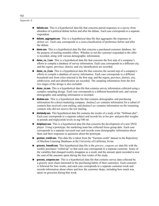 152

Appendix A


             debate.sav. This is a hypothetical data ﬁle that concerns paired responses to a survey from
             attendees of a political debate before and after the debate. Each case corresponds to a separate
             respondent.
             debate_aggregate.sav. This is a hypothetical data ﬁle that aggregates the responses in
             debate.sav. Each case corresponds to a cross-classiﬁcation of preference before and after
             the debate.
             demo.sav. This is a hypothetical data ﬁle that concerns a purchased customer database, for
             the purpose of mailing monthly offers. Whether or not the customer responded to the offer
             is recorded, along with various demographic information.
             demo_cs_1.sav. This is a hypothetical data ﬁle that concerns the ﬁrst step of a company’s
             efforts to compile a database of survey information. Each case corresponds to a different city,
             and the region, province, district, and city identiﬁcation are recorded.
             demo_cs_2.sav. This is a hypothetical data ﬁle that concerns the second step of a company’s
             efforts to compile a database of survey information. Each case corresponds to a different
             household unit from cities selected in the ﬁrst step, and the region, province, district, city,
             subdivision, and unit identiﬁcation are recorded. The sampling information from the ﬁrst
             two stages of the design is also included.
             demo_cs.sav. This is a hypothetical data ﬁle that contains survey information collected using a
             complex sampling design. Each case corresponds to a different household unit, and various
             demographic and sampling information is recorded.
             dmdata.sav. This is a hypothetical data ﬁle that contains demographic and purchasing
             information for a direct marketing company. dmdata2.sav contains information for a subset of
             contacts that received a test mailing, and dmdata3.sav contains information on the remaining
             contacts who did not receive the test mailing.
             dietstudy.sav. This hypothetical data ﬁle contains the results of a study of the “Stillman diet” .
             Each case corresponds to a separate subject and records his or her pre- and post-diet weights
             in pounds and triglyceride levels in mg/100 ml.
             dvdplayer.sav. This is a hypothetical data ﬁle that concerns the development of a new DVD
             player. Using a prototype, the marketing team has collected focus group data. Each case
             corresponds to a separate surveyed user and records some demographic information about
             them and their responses to questions about the prototype.
             german_credit.sav. This data ﬁle is taken from the “German credit” dataset in the Repository
             of Machine Learning Databases at the University of California, Irvine.
             grocery_1month.sav. This hypothetical data ﬁle is the grocery_coupons.sav data ﬁle with the
             weekly purchases “rolled-up” so that each case corresponds to a separate customer. Some of
             the variables that changed weekly disappear as a result, and the amount spent recorded is now
             the sum of the amounts spent during the four weeks of the study.
             grocery_coupons.sav. This is a hypothetical data ﬁle that contains survey data collected by
             a grocery store chain interested in the purchasing habits of their customers. Each customer
             is followed for four weeks, and each case corresponds to a separate customer-week and
             records information about where and how the customer shops, including how much was
             spent on groceries during that week.
 