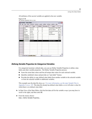 43

                                                                                         Using the Data Editor


         All attributes of the marital variable are applied to the new variable.
         Figure 3-19
         All values pasted into a row




Defining Variable Properties for Categorical Variables
         For categorical (nominal, ordinal) data, you can use Deﬁne Variable Properties to deﬁne value
         labels and other variable properties. The Deﬁne Variable Properties process:
             Scans the actual data values and lists all unique data values for each selected variable.
             Identiﬁes unlabeled values and provides an “auto-label” feature.
             Provides the ability to copy deﬁned value labels from another variable to the selected variable
             or from the selected variable to additional variables.

         This example uses the data ﬁle demo.sav. For more information, see the topic Sample Files in
         Appendix A on p. 149. This data ﬁle already has deﬁned value labels, so we will enter a value for
         which there is no deﬁned value label.

      E In Data View of the Data Editor, click the ﬁrst data cell for the variable ownpc (you may have to
         scroll to the right), and then enter 99.

      E From the menus choose:
         Data > Define Variable Properties...
 