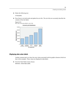 75

                                                                                   Creating and editing charts


      E Delete the following text:

         in thousands

      E Press Enter to exit edit mode and update the axis title. The axis title now accurately describes the
         contents of the tick labels.
         Figure 6-13
         Bar chart showing edited y axis title




Displaying data value labels
         Another common task is to show the exact values associated with the graphic elements (which are
         bars in this example). These values are displayed in data labels.

      E From the Chart Editor menus choose:
         Elements > Show Data Labels
 