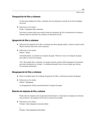 243

                                                                                                Tablas pivote


Transposición de filas y columnas

         Si sólo desea desplazar las filas y columnas, hay una alternativa sencilla al uso de las bandejas
         de pivote:

      E Seleccione en los menús:
         Pivote > Transponer filas y columnas

         Esto tiene el mismo efecto que arrastrar todos los elementos de fila a la dimensión de columna y
         arrastrar todos los elementos de columna a la dimensión de fila.


Agrupación de filas y columnas
      E Seleccione las etiquetas de las filas o columnas que desee agrupar (pulse y arrastre o pulse la tecla
         Mayús mientras selecciona varias etiquetas).

      E Seleccione en los menús:
         Edición > Grupo

         Automáticamente, se insertará una etiqueta de grupo. Pulse dos veces en la etiqueta de grupo
         para editar el texto de la etiqueta.

         Nota: Para añadir filas o columnas a un grupo existente, primero debe desagrupar los elementos
         que están actualmente en el grupo. A continuación puede crear un nuevo grupo que incluya
         los elementos adicionales.


Desagrupación de filas y columnas
      E Pulse en cualquier parte de la etiqueta de grupo de las filas o columnas que desee desagrupar.

      E Seleccione en los menús:
         Edición > Desagrupar

         La desagrupación elimina automáticamente la etiqueta de grupo.


Rotación de etiquetas de fila y columna

         Puede rotar las etiquetas entre la presentación horizontal y vertical para las etiquetas de columna
         más al interior y las etiquetas de fila más al exterior de una tabla.

      E Seleccione en los menús:
         Formato > Girar etiquetas de columna interior

         o
         Formato > Girar etiquetas de fila exterior
 