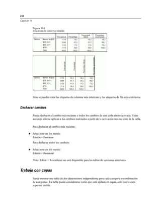 244

Capítulo 11


              Figura 11-2
              Etiquetas de columna rotadas




              Sólo se pueden rotar las etiquetas de columna más interiores y las etiquetas de fila más exteriores.


Deshacer cambios

              Puede deshacer el cambio más reciente o todos los cambios de una tabla pivote activada. Estas
              acciones sólo se aplican a los cambios realizados a partir de la activación más reciente de la tabla.

              Para deshacer el cambio más reciente:

        E Seleccione en los menús:
              Edición > Deshacer

              Para deshacer todos los cambios:

        E Seleccione en los menús:
              Edición > Restaurar

              Nota: Editar > Restablecer no está disponible para las tablas de versiones anteriores.


Trabajo con capas
              Puede mostrar una tabla de dos dimensiones independiente para cada categoría o combinación
              de categorías. La tabla puede considerarse como que está apilada en capas, sólo con la capa
              superior visible.
 