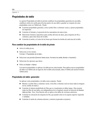 250

Capítulo 11


Propiedades de tabla
              La opción Propiedades de tabla le permite establecer las propiedades generales de una tabla,
              establecer estilos de casilla para diversas partes de una tabla y guardar un conjunto de estas
              propiedades como un TableLook. Puede:
                 Controlar propiedades generales, como ocultar filas o columnas vacías y ajustar propiedades
                  de impresión.
                 Controlar el formato y la posición de los marcadores de notas al pie.
                 Determinar formatos específicos para casillas del área de datos, para etiquetas de fila y
                  columna y para otras áreas de la tabla.
                 Controlar el ancho y el color de las líneas que forman los bordes de cada área de la tabla.


Para cambiar las propiedades de la tabla de pivote:
        E Active la tabla pivote.

        E Seleccione en los menús:
              Formato > Propiedades de la tabla...

        E Seleccione una pestaña [General, Notas al pie, Formatos de casilla, Bordes o Impresión].

        E Seleccione las opciones que desee.

        E Pulse en Aceptar o Aplicar.

              Las nuevas propiedades se aplican a la tabla pivote seleccionada. Para aplicar nuevas propiedades
              de tabla a un TableLook en lugar de sólo la tabla seleccionada, edite el TableLook (menú Formato,
              TableLooks).


Propiedades de tabla: generales
              Se aplican varias propiedades a la tabla como conjunto. Puede:
                 Mostrar u ocultar filas y columnas vacías. (Una fila o columna vacía no tiene nada en ninguna
                  de las casillas de datos.)
                 Controlar el número predefinido de filas que se visualizarán en tablas largas. Para mostrar
                  todas las filas de una tabla, con independencia de su longitud, cancele la selección de Mostrar
                  tabla por filas. Nota: Esta función sólo se aplica a las tablas de versiones anteriores.
                 Controlar la colocación de etiquetas de fila, que pueden estar en la esquina superior izquierda
                  o anidadas.
                 Controlar el ancho de columna máximo y mínimo (expresado en puntos).
 