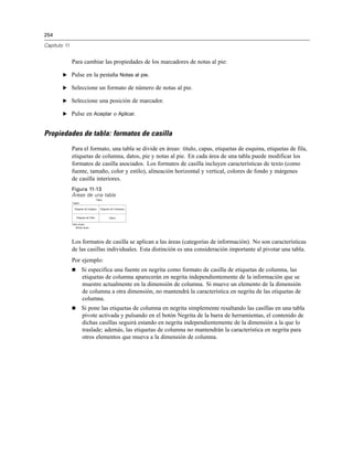 254

Capítulo 11


              Para cambiar las propiedades de los marcadores de notas al pie:

        E Pulse en la pestaña Notas al pie.

        E Seleccione un formato de número de notas al pie.

        E Seleccione una posición de marcador.

        E Pulse en Aceptar o Aplicar.


Propiedades de tabla: formatos de casilla
              Para el formato, una tabla se divide en áreas: título, capas, etiquetas de esquina, etiquetas de fila,
              etiquetas de columna, datos, pie y notas al pie. En cada área de una tabla puede modificar los
              formatos de casilla asociados. Los formatos de casilla incluyen características de texto (como
              fuente, tamaño, color y estilo), alineación horizontal y vertical, colores de fondo y márgenes
              de casilla interiores.
              Figura 11-13
              Áreas de una tabla




              Los formatos de casilla se aplican a las áreas (categorías de información). No son características
              de las casillas individuales. Esta distinción es una consideración importante al pivotar una tabla.
              Por ejemplo:
                 Si especifica una fuente en negrita como formato de casilla de etiquetas de columna, las
                  etiquetas de columna aparecerán en negrita independientemente de la información que se
                  muestre actualmente en la dimensión de columna. Si mueve un elemento de la dimensión
                  de columna a otra dimensión, no mantendrá la característica en negrita de las etiquetas de
                  columna.
                 Si pone las etiquetas de columna en negrita simplemente resaltando las casillas en una tabla
                  pivote activada y pulsando en el botón Negrita de la barra de herramientas, el contenido de
                  dichas casillas seguirá estando en negrita independientemente de la dimensión a la que lo
                  traslade; además, las etiquetas de columna no mantendrán la característica en negrita para
                  otros elementos que mueva a la dimensión de columna.
 