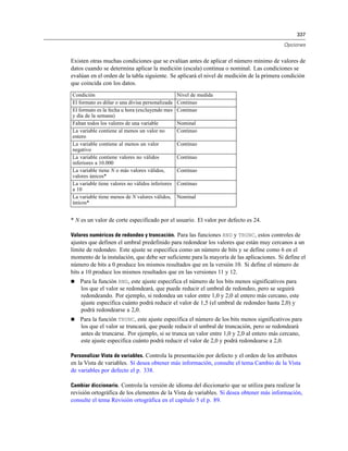 337

                                                                                           Opciones


Existen otras muchas condiciones que se evalúan antes de aplicar el número mínimo de valores de
datos cuando se determina aplicar la medición (escala) continua o nominal. Las condiciones se
evalúan en el orden de la tabla siguiente. Se aplicará el nivel de medición de la primera condición
que coincida con los datos.
Condición                                         Nivel de medida
El formato es dólar o una divisa personalizada    Continuo
El formato es la fecha u hora (excluyendo mes     Continuo
y día de la semana)
Faltan todos los valores de una variable          Nominal
La variable contiene al menos un valor no         Continuo
entero
La variable contiene al menos un valor            Continuo
negativo
La variable contiene valores no válidos           Continuo
inferiores a 10.000
La variable tiene N o más valores válidos,        Continuo
valores únicos*
La variable tiene valores no válidos inferiores   Continuo
a 10
La variable tiene menos de N valores válidos,     Nominal
únicos*


* N es un valor de corte especificado por el usuario. El valor por defecto es 24.

Valores numéricos de redondeo y truncación. Para las funciones RND y TRUNC, estos controles de
ajustes que definen el umbral predefinido para redondear los valores que están muy cercanos a un
límite de redondeo. Este ajuste se especifica como un número de bits y se define como 6 en el
momento de la instalación, que debe ser suficiente para la mayoría de las aplicaciones. Si define el
número de bits a 0 produce los mismos resultados que en la versión 10. Si define el número de
bits a 10 produce los mismos resultados que en las versiones 11 y 12.
   Para la función RND, este ajuste especifica el número de los bits menos significativos para
    los que el valor se redondeará, que puede reducir el umbral de redondeo, pero se seguirá
    redondeando. Por ejemplo, si redondea un valor entre 1,0 y 2,0 al entero más cercano, este
    ajuste especifica cuánto podrá reducir el valor de 1,5 (el umbral de redondeo hasta 2,0) y
    podrá redondearse a 2,0.
   Para la función TRUNC, este ajuste especifica el número de los bits menos significativos para
    los que el valor se truncará, que puede reducir el umbral de truncación, pero se redondeará
    antes de truncarse. Por ejemplo, si se trunca un valor entre 1,0 y 2,0 al entero más cercano,
    este ajuste especifica cuánto podrá reducir el valor de 2,0 y podrá redondearse a 2,0.

Personalizar Vista de variables. Controla la presentación por defecto y el orden de los atributos
en la Vista de variables. Si desea obtener más información, consulte el tema Cambio de la Vista
de variables por defecto el p. 338.

Cambiar diccionario. Controla la versión de idioma del diccionario que se utiliza para realizar la
revisión ortográfica de los elementos de la Vista de variables. Si desea obtener más información,
consulte el tema Revisión ortográfica en el capítulo 5 el p. 89.
 