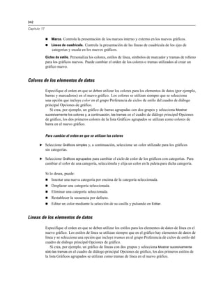 342

Capítulo 17


                 Marco. Controla la presentación de los marcos interno y externo en los nuevos gráficos.
                 Líneas de cuadrícula. Controla la presentación de las líneas de cuadrícula de los ejes de
                  categorías y escala en los nuevos gráficos.
              Ciclos de estilo. Personaliza los colores, estilos de línea, símbolos de marcador y tramas de relleno
              para los gráficos nuevos. Puede cambiar el orden de los colores o tramas utilizados al crear un
              gráfico nuevo.


Colores de los elementos de datos

              Especifique el orden en que se deben utilizar los colores para los elementos de datos (por ejemplo,
              barras y marcadores) en el nuevo gráfico. Los colores se utilizan siempre que se selecciona
              una opción que incluye color en el grupo Preferencia de ciclos de estilo del cuadro de diálogo
              principal Opciones de gráfico.
                 Si crea, por ejemplo, un gráfico de barras agrupadas con dos grupos y selecciona Mostrar
              sucesivamente los colores y, a continuación, las tramas en el cuadro de diálogo principal Opciones
              de gráfico, los dos primeros colores de la lista Gráficos agrupados se utilizan como colores de
              barra en el nuevo gráfico.


              Para cambiar el orden en que se utilizan los colores

       E Seleccione Gráficos simples y, a continuación, seleccione un color utilizado para los gráficos
              sin categorías.

       E Seleccione Gráficos agrupados para cambiar el ciclo de color de los gráficos con categorías. Para
              cambiar el color de una categoría, selecciónela y elija un color en la paleta para dicha categoría.

              Si lo desea, puede:
                 Insertar una nueva categoría por encima de la categoría seleccionada.
                 Desplazar una categoría seleccionada.
                 Eliminar una categoría seleccionada.
                 Restablecer la secuencia por defecto.
                 Editar un color mediante la selección de su casilla y pulsando en Editar.


Líneas de los elementos de datos

              Especifique el orden en que se deben utilizar los estilos para los elementos de datos de línea en el
              nuevo gráfico. Los estilos de línea se utilizan siempre que en el gráfico hay elementos de datos de
              línea y se selecciona una opción que incluye tramas en el grupo Preferencia de ciclos de estilo del
              cuadro de diálogo principal Opciones de gráfico.
                  Si crea, por ejemplo, un gráfico de líneas con dos grupos y selecciona Mostrar sucesivamente
              sólo las tramas en el cuadro de diálogo principal Opciones de gráfico, los dos primeros estilos de
              la lista Gráficos agrupados se utilizan como tramas de línea en el nuevo gráfico.
 