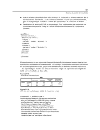 421

                                                                  Sistema de gestión de resultados


    Toda la información mostrada en la tabla se incluye en los valores de atributo de OXML. En el
     nivel de casillas individuales, OXML consta de elementos “vacíos” que contienen atributos,
     pero no incluye ningún “contenido” distinto del que se incluye en los valores de atributo.
    La estructura de tablas en OXML se representa por filas; los elementos que representan las
     columnas se anidan en las filas y las casillas individuales se anidan en los elementos de
     columna:


<pivotTable...>
<dimension axis='row'...>
 <dimension axis='column'...>
   <category...>
      <cell text='...' number='...' decimals='...'/>
   </category>
   <category...>
      <cell text='...' number='...' decimals='...'/>
   </category>
 </dimension>
</dimension>
  ...
</pivotTable>


El ejemplo anterior es una representación simplificada de la estructura que muestra las relaciones
descendentes/ascendentes de estos elementos. Sin embargo, el ejemplo no muestra necesariamente
las relaciones parentales/filiales, ya que suele haber niveles de elementos anidados intercalados.
   La siguiente figura muestra una tabla de frecuencias simple y la representación completa de
XML con los resultados de dicha tabla.
Figura 21-15
Tabla de frecuencias simple




Figura 21-16
XML con los resultados para la tabla de frecuencias simple


<?xml version="1.0" encoding="UTF-8" ?>
<outputTreeoutputTree xmlns="http://xml.spss.com/spss/oms"
 xmlns:xsi="http://www.w3.org/2001/XMLSchema-instance"
 xsi:schemaLocation="http://xml.spss.com/spss/oms
 http://xml.spss.com/spss/oms/spss-output-1.0.xsd">
<command text="Frequencies" command="Frequencies"
 displayTableValues="label" displayOutlineValues="label"
 displayTableVariables="label" displayOutlineVariables="label">
 <pivotTable text="Gender" label="Gender" subType="Frequencies"
 varName="gender" variable="true">
 <dimension axis="row" text="Gender" label="Gender"
 