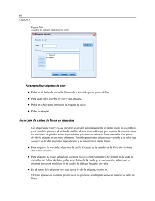 80

Capítulo 5


             Figura 5-4
             Cuadro de diálogo Etiquetas de valor




     Para especificar etiquetas de valor

        E Pulse en el botón de la casilla Valores de la variable que se quiere definir.

        E Para cada valor, escriba el valor y una etiqueta.

        E Pulse en Añadir para introducir la etiqueta de valor.

        E Pulse en Aceptar.



Inserción de saltos de línea en etiquetas

             Las etiquetas de valor y las de variable se dividen automáticamente en varias líneas en los gráficos
             y en las tablas pivote si el ancho de casilla o el área no es suficiente para mostrar la etiqueta entera
             en una línea. Se pueden editar los resultados para insertar saltos de línea manuales si se quiere
             dividir la etiqueta en un punto diferente. También puede crear etiquetas de variable y de valor que
             siempre se dividan en puntos especificados y se muestren en varias líneas.

        E Para etiquetas de variable, seleccione la casilla Etiqueta de la variable en la Vista de variables
             del Editor de datos.

        E Para etiquetas de valor, seleccione la casilla Valores correspondiente a la variable en la Vista de
             variables del Editor de datos, pulse en el botón de la casilla y, a continuación, seleccione la
             etiqueta que desea modificar en el cuadro de diálogo Etiquetas de valor.

        E En el punto de la etiqueta en el que desea dividir la etiqueta, escriba n.

             El n no aparece en las tablas pivote ni en los gráficos; se interpreta como un carácter de salto de
             línea.
 