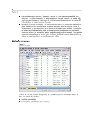 80
Capítulo 5
 Las casillas contienen valores. Cada casilla contiene un valor único de una variable para
cada caso. La casilla se encuentra en la intersección del caso y la variable. Las casillas sólo
contienen valores de datos. A diferencia de los programas de hoja de cálculo, las casillas del
Editor de datos no pueden contener fórmulas.
 El archivo de datos es rectangular. Las dimensiones del archivo de datos vienen determinadas
por el número de casos y de variables. Se pueden introducir datos en cualquier casilla. Si
introduce datos en una casilla fuera de los límites del archivo de datos definido, el rectángulo
de datos se ampliará para incluir todas las filas y columnas situadas entre esa casilla y los
límites del archivo. No hay casillas “vacías” en los límites del archivo de datos. Para variables
numéricas, las casillas vacías se convierten en el valor perdido del sistema. Para variables de
cadena, un espacio en blanco se considera un valor válido.
Vista de variables
Figura 5-2
Vista de variables
La Vista de variables contiene descripciones de los atributos de cada variable del archivo de
datos. En la Vista de variables:
 Las filas son variables.
 Las columnas son atributos de las variables.
 
