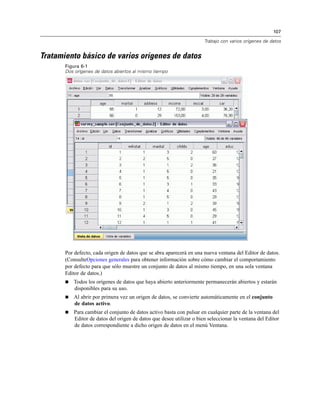 107
Trabajo con varios orígenes de datos
Tratamiento básico de varios orígenes de datos
Figura 6-1
Dos orígenes de datos abiertos al mismo tiempo
Por defecto, cada origen de datos que se abra aparecerá en una nueva ventana del Editor de datos.
(ConsulteOpciones generales para obtener información sobre cómo cambiar el comportamiento
por defecto para que sólo muestre un conjunto de datos al mismo tiempo, en una sola ventana
Editor de datos.)
 Todos los orígenes de datos que haya abierto anteriormente permanecerán abiertos y estarán
disponibles para su uso.
 Al abrir por primera vez un origen de datos, se convierte automáticamente en el conjunto
de datos activo.
 Para cambiar el conjunto de datos activo basta con pulsar en cualquier parte de la ventana del
Editor de datos del origen de datos que desee utilizar o bien seleccionar la ventana del Editor
de datos correspondiente a dicho origen de datos en el menú Ventana.
 
