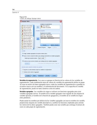194
Capítulo 9
Figura 9-5
Cuadro de diálogo Agregar datos
Variables de segmentación. Los casos se agrupan en función de los valores de las variables de
segmentación. Cada combinación única de valores de variables de segmentación define un grupo.
Al crear un archivo de datos agregados nuevo, todas las variables de segmentación se guardan en
el archivo nuevo con sus nombres y la información del diccionario. Si se especifica la variable
de segmentación, puede ser tanto numérica como de cadena.
Variables agregadas. Las variables de origen se utilizan con funciones agregadas para crear
variables agregadas nuevas. El nombre de la variable agregada viene seguido de una etiqueta de
variable opcional, el nombre de la función de agregación y el nombre de la variable de origen
entre paréntesis.
Puede anular los nombres por defecto de las variables agregadas con nuevos nombres de variable,
proporcionar etiquetas de variable descriptivas y cambiar las funciones empleadas para calcular
los valores de los datos agregados. También puede crear una variable que contenga el número de
casos en cada grupo de segmentación.
 