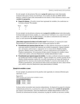 207
Gestión y transformación de los archivos
En este ejemplo, las dos primeras filas son un grupo de casos porque están relacionadas.
Contienen datos para el mismo nivel del factor. En el análisis de datos de IBM® SPSS®
Statistics, cuando los datos están estructurados de esta manera, se hace referencia al factor como
variable de agrupación.
 Grupos de columnas. ¿El archivo actual tiene registradas las variables y las condiciones en
la misma columna? Por ejemplo:
var_1 var_2
8 3
9 1
En este ejemplo, las dos primeras columnas son un grupo de variables porque están relacionadas.
Contienen datos para la misma variable, var_1 para el nivel 1 del factor y var_2 para el nivel 2 del
factor. En el análisis de datos de SPSS Statistics, si los datos se estructuran de esta manera, el
factor se suele denominar de medidas repetidas.
¿Cómo deben organizarse los datos en el archivo nuevo? Normalmente, la organización estará
determinada por el procedimiento que se vaya a utilizar para analizar los datos.
 Procedimientos que requieren grupos de casos. Los datos deberán estructurarse en grupos de
casos para realizar los análisis que requieran una variable de agrupación. Algunos ejemplos
son: univariante, multivariante y componentes de la varianza de los Modelos lineales
generales; Modelos mixtos; Cubos OLAP; y muestras independientes de las Pruebas T o
Pruebas no paramétricas. Si la estructura de datos actual es de grupos de variables y desea
realizar estos análisis, seleccione Reestructurar variables seleccionadas en casos.
 Procedimientos que requieren grupos de variables. Los datos se deberán estructurar en grupos
de variables para analizar medidas repetidas. Algunos ejemplos son: medidas repetidas de los
Modelos lineales generales, análisis de covariables dependientes del tiempo del Análisis de
regresión de Cox, muestras relacionadas de las Pruebas T o muestras relacionadas de las
Pruebas no paramétricas. Si la estructura de datos actual es de grupos de casos y desea realizar
estos análisis, seleccione Reestructurar casos seleccionados en variables.
Ejemplo de variables a casos
En este ejemplo, las puntuaciones de las pruebas están registradas en columnas diferentes para
cada factor, A y B.
Figura 9-16
Datos actuales para reestructurar variables a casos
Se desea realizar una prueba t para muestras independientes. Se dispone de un grupo de columnas
compuesto por puntuación_a y puntuación_b, pero no se dispone de la variable de agrupación
que requiere el procedimiento. Seleccione Reestructurar variables seleccionadas en casos en el
Asistente de reestructuración de datos, reestructure un grupo de variables en una nueva variable
 
