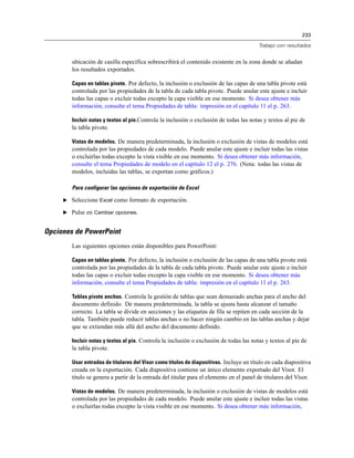 233
Trabajo con resultados
ubicación de casilla específica sobrescribirá el contenido existente en la zona donde se añadan
los resultados exportados.
Capas en tablas pivote. Por defecto, la inclusión o exclusión de las capas de una tabla pivote está
controlada por las propiedades de la tabla de cada tabla pivote. Puede anular este ajuste e incluir
todas las capas o excluir todas excepto la capa visible en ese momento. Si desea obtener más
información, consulte el tema Propiedades de tabla: impresión en el capítulo 11 el p. 263.
Incluir notas y textos al pie.Controla la inclusión o exclusión de todas las notas y textos al pie de
la tabla pivote.
Vistas de modelos. De manera predeterminada, la inclusión o exclusión de vistas de modelos está
controlada por las propiedades de cada modelo. Puede anular este ajuste e incluir todas las vistas
o excluirlas todas excepto la vista visible en ese momento. Si desea obtener más información,
consulte el tema Propiedades de modelo en el capítulo 12 el p. 276. (Nota: todas las vistas de
modelos, incluidas las tablas, se exportan como gráficos.)
Para configurar las opciones de exportación de Excel
E Seleccione Excel como formato de exportación.
E Pulse en Cambiar opciones.
Opciones de PowerPoint
Las siguientes opciones están disponibles para PowerPoint:
Capas en tablas pivote. Por defecto, la inclusión o exclusión de las capas de una tabla pivote está
controlada por las propiedades de la tabla de cada tabla pivote. Puede anular este ajuste e incluir
todas las capas o excluir todas excepto la capa visible en ese momento. Si desea obtener más
información, consulte el tema Propiedades de tabla: impresión en el capítulo 11 el p. 263.
Tablas pivote anchas. Controla la gestión de tablas que sean demasiado anchas para el ancho del
documento definido. De manera predeterminada, la tabla se ajusta hasta alcanzar el tamaño
correcto. La tabla se divide en secciones y las etiquetas de fila se repiten en cada sección de la
tabla. También puede reducir tablas anchas o no hacer ningún cambio en las tablas anchas y dejar
que se extiendan más allá del ancho del documento definido.
Incluir notas y textos al pie. Controla la inclusión o exclusión de todas las notas y textos al pie de
la tabla pivote.
Usar entradas de titulares del Visor como títulos de diapositivas. Incluye un título en cada diapositiva
creada en la exportación. Cada diapositiva contiene un único elemento exportado del Visor. El
título se genera a partir de la entrada del titular para el elemento en el panel de titulares del Visor.
Vistas de modelos. De manera predeterminada, la inclusión o exclusión de vistas de modelos está
controlada por las propiedades de cada modelo. Puede anular este ajuste e incluir todas las vistas
o excluirlas todas excepto la vista visible en ese momento. Si desea obtener más información,
 
