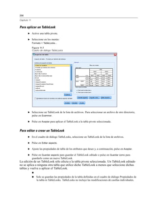 256
Capítulo 11
Para aplicar un TableLook
E Active una tabla pivote.
E Seleccione en los menús:
Formato > TableLooks...
Figura 11-7
Cuadro de diálogo TableLooks
E Seleccione un TableLook de la lista de archivos. Para seleccionar un archivo de otro directorio,
pulse en Examinar.
E Pulse en Aceptar para aplicar el TableLook a la tabla pivote seleccionada.
Para editar o crear un TableLook
E En el cuadro de diálogo TableLooks, seleccione un TableLook de la lista de archivos.
E Pulse en Editar aspecto.
E Ajuste las propiedades de tabla de los atributos que desee y, a continuación, pulse en Aceptar.
E Pulse en Guardar aspecto para guardar el TableLook editado o pulse en Guardar como para
guardarlo como un nuevo TableLook.
La edición de un TableLook sólo afecta a la tabla pivote seleccionada. Un TableLook editado
no se aplica a ninguna otra tabla que utilice dicho TableLook a menos que seleccione dichas
tablas y vuelva a aplicar el TableLook.

 Solo se guardan las propiedades de la tabla definidas en el cuadro de diálogo Propiedades de
la tabla in TableLooks. TableLooks no incluye las modificaciones de casillas individuales.
 