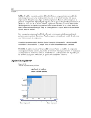 282
Capítulo 12
Calidad. El gráfico muestra la precisión del modelo final, en comparación con un modelo de
referencia y un modelo naive. La precisión se presenta en un formato mientras más grande
mejor: siendo el mejor modelo el que tendrá mayor precisión. Para un destino categórico, la
precisión es simplemente el porcentaje de registros para los que el valor predicho concuerda con el
observado. En el caso de un destino continuo, la precisión es 1 menos la relación entre el error
absoluto promedio de la predicción (la media de los valores absolutos de los valores predichos
menos los valores observados) y el rango de valores predichos (el valor predicho máximo menos
el valor predicho mínimo).
Para empaquetar conjuntos, el modelo de referencia es un modelo estándar construido en la
partición de entrenamiento al completo. Para los conjuntos potenciados, el modelo de referencia
es el primer modelo de componente.
El modelo naive representa la precisión si no se construyó ningún modelo, y asigna todos los
registros a la categoría modal. El modelo naive no se calcula para los destinos continuos.
Diversidad. El gráfico muestra la “diversidad de opiniones” entre los modelos de componente
usados para construir el conjunto, presentados en un formato mayor y más diverso. Es una medida
de cómo varían las predicciones entre los modelos básicos. La diversidad no está disponible para
los modelos de conjuntos potenciados, ni aparece para los destinos continuos.
Importancia del predictor
Figura 12-6
Vista de importancia del predictor
 