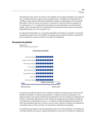 283
Modelos
Normalmente, desea centrar sus esfuerzos de modelado en los campos del predictor que importan
más y considera eliminar o ignorar las que importan menos. El predictor de importancia de la
variable le ayuda a hacerlo indicando la importancia relativa de cada predictor en la estimación
del modelo. Como los valores son relativos, la suma de los valores de todos los predictor de
la visualización es 1.0. La importancia del predictor no está relacionada con la precisión del
modelo. Sólo está relacionada con la importancia de cada predictor para realizar un pronóstico,
independientemente de si éste es preciso o no.
La importancia del predictor no se encuentra disponible para modelos de conjuntos. El conjunto
de predictores puede variar entre modelos de componente, pero puede calcularse la importancia
para los predictores usados en al menos un modelo de componente.
Frecuencia de predictor
Figura 12-7
Vista Frecuencia de predictor
El conjunto de predictores puede variar en distintos modelos de componente por la elección del
método de modelado o la selección de predictores. El gráfico Frecuencia de predictor es un
gráfico de puntos que muestra la distribución de predictores entre los modelos de componente del
conjunto. Cada punto representa uno o más modelos de componente que contienen el predictor.
Los predictores se representan en el eje y, y se ordenan en orden descendente de frecuencia, de
forma que el predictor más alto es el que se usa en el mayor número de modelos de componente y
el más bajo el que se utiliza en menos. Se muestran los 10 predictores principales.
Los predictores que aparecen más frecuentemente suelen ser los más importantes. Este gráfico no
es útil para métodos en los que el conjunto de predictores varían entre los modelos de componente.
 